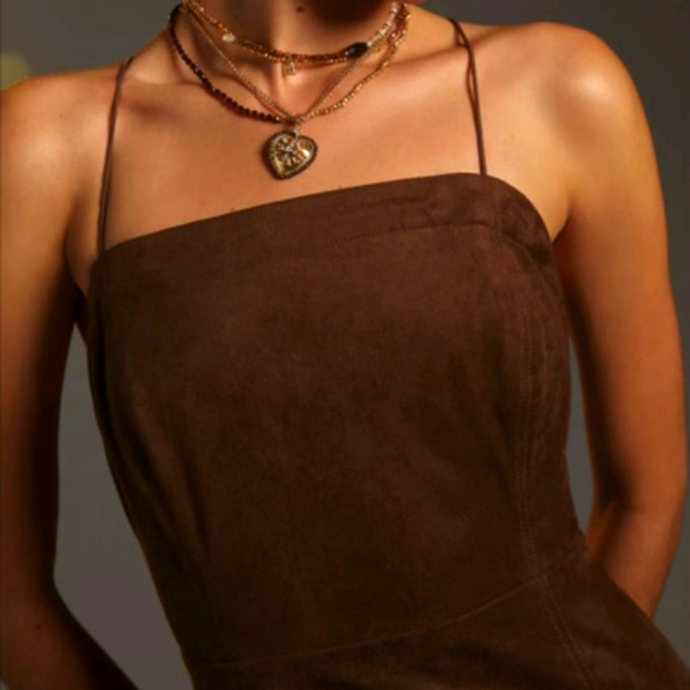 Anthropologie Strappy Brown Faux Suede Midi Dress Size 16 - NWT - Picture 3 of 13